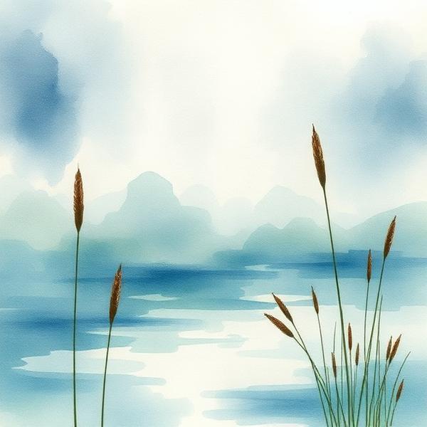 Watercolour of quiet rain over a still pond.