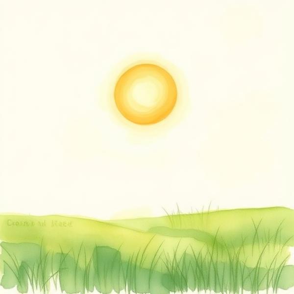 Watercolour of gentle sun over a green meadow.