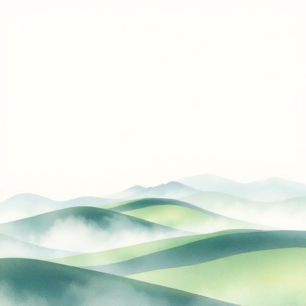 Watercolour of pale fog drifting over hills.