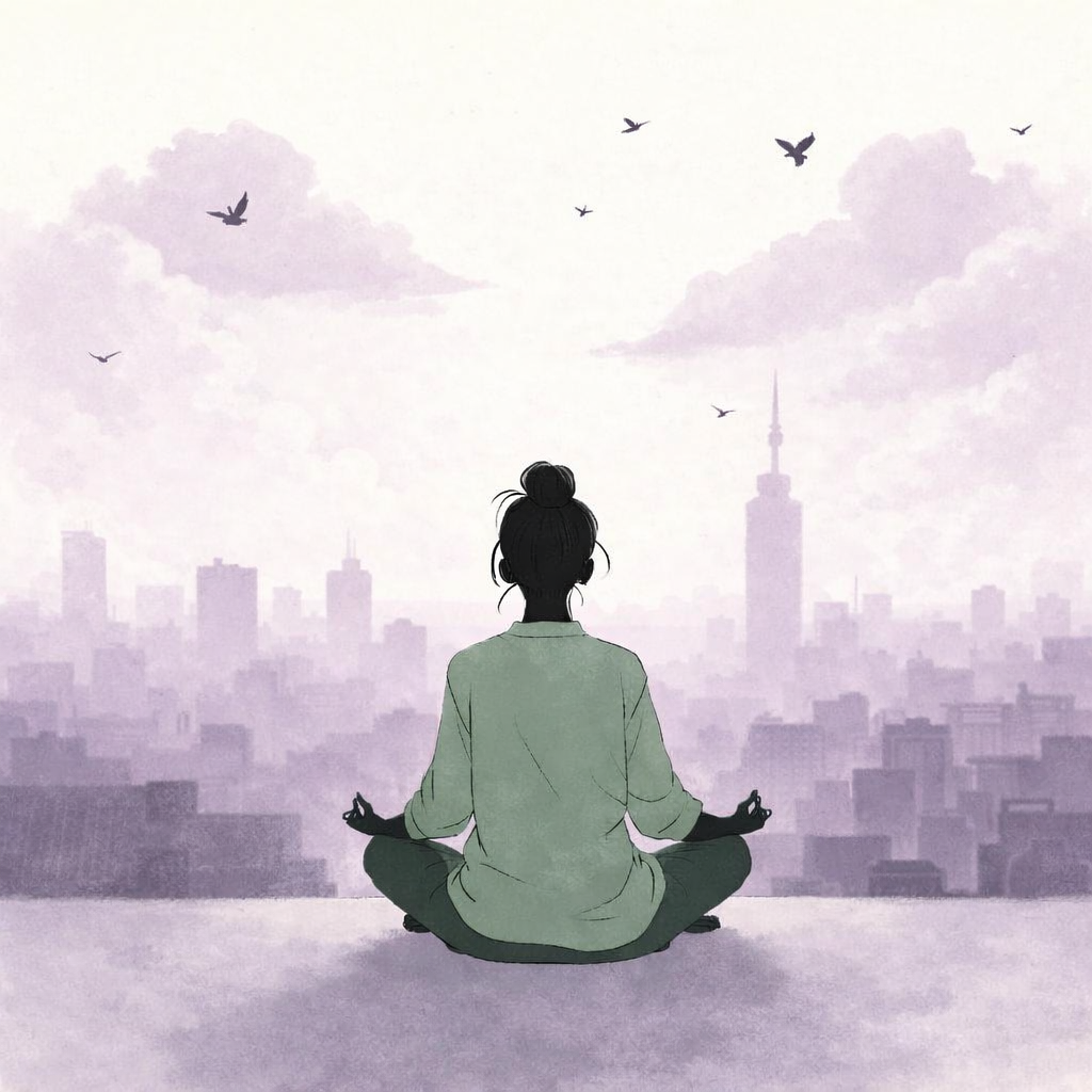 A person meditating peacefully overlooking a cityscape — finding calm amidst the noise